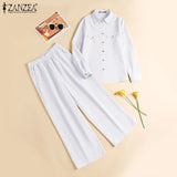 ZANZEA Plus Size 5XL Womens Casual Pant Suits Long Sleeve Shirt & Elastic Waist Pant 2 Pieces Sets Spring Solid Color Outfits