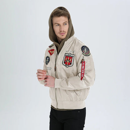 High Quality Military Fashion Casual Boy Youth Lightweight Top Gun Patch Embriodey Streetwear Ma1 Satin Flight Bomber Jacket Men