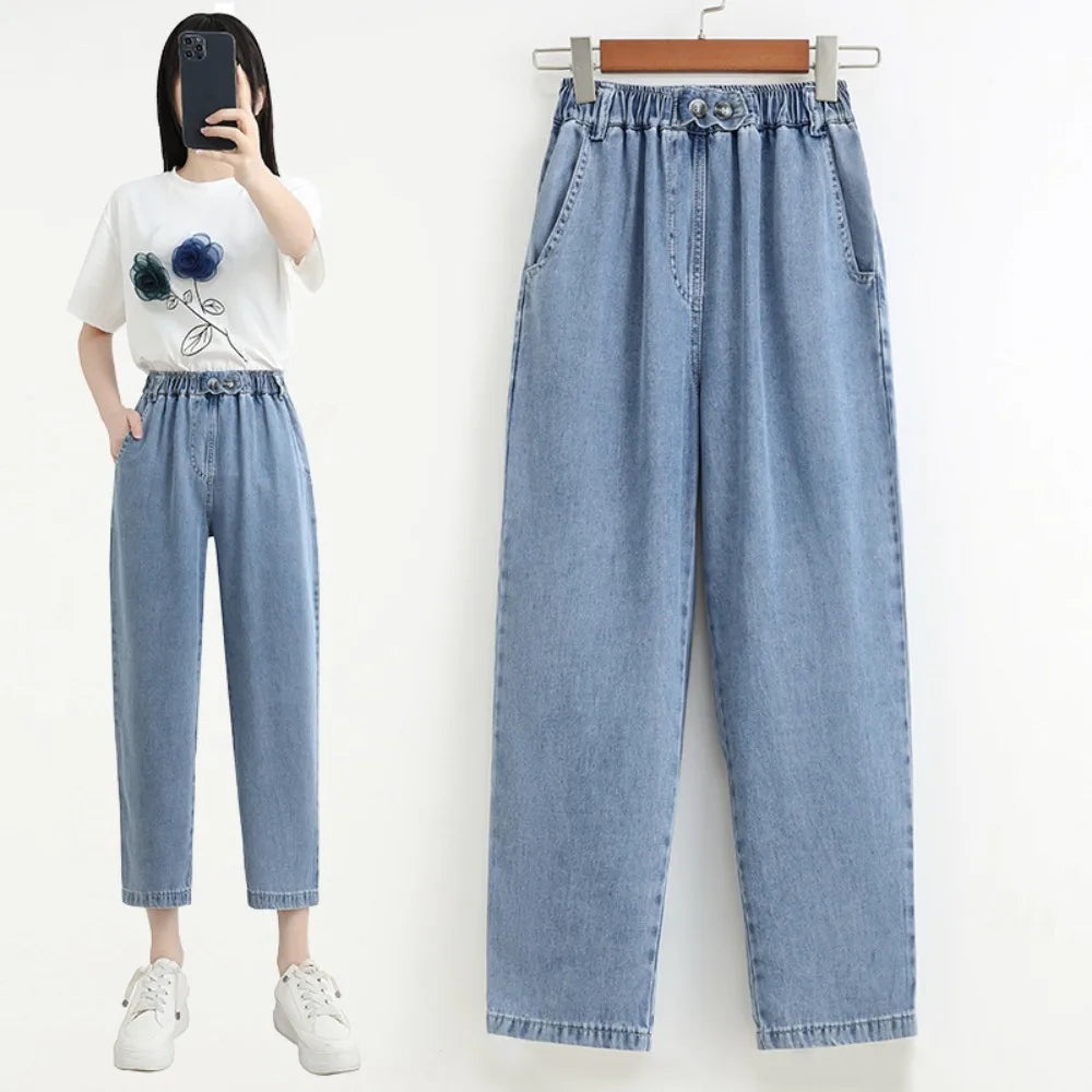 Casual High Waist Chic Slim Straight Tube Full Length Pants Korean Fashion Office Lady Summer Plus Size Clothing