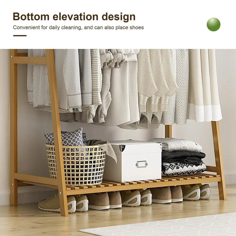 Wooden Garment Coat Clothes Hanging Heavy Duty Rack with top shelf and 2-tier Shoe Clothing Storage Organizer Shelves