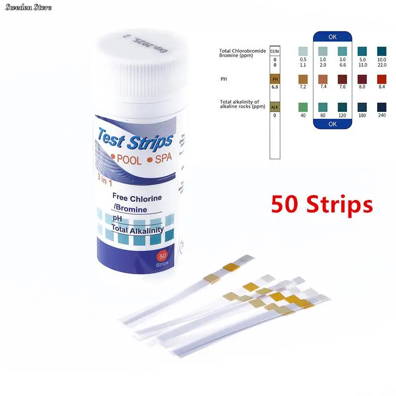 Tiras de prueba de cloro y pH multiusos 6 en 1, 50 unidades por botella, para piscinas y spas.