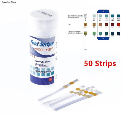 Tiras de prueba de cloro y pH multiusos 6 en 1, 50 unidades por botella, para piscinas y spas.
