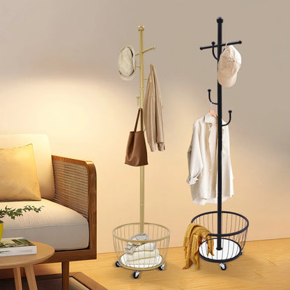 Perchero organizador de pie para abrigos y sombreros con rueda móvil, perchero para entrada con cesta de almacenamiento, herramientas elegantes para el hogar