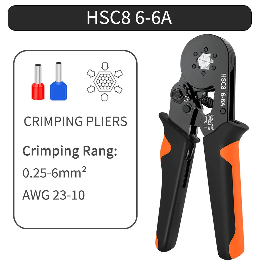 Kit de crimpadora de casquillos hexagonales autoajustables con trinquete, 23-7 AWG, 0,25-10 mm², con terminales de cable y casquillos