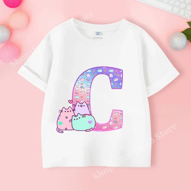 Pusheens Short Sleeve T-shirt for Girls from A to Z, Anime Cat, Summer Clothes, Outdoor Sport, New, Gift for Kids, Special Sale 