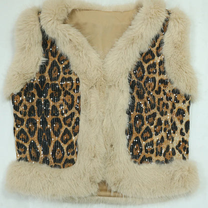 CM.YAYA Conjunto de mujer sin mangas de piel de leopardo con lentejuelas, cuello en V, chaleco de lana y pantalón, conjunto de 2 piezas Street Two 2024, chándal