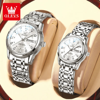 Olevs 5513 moda casal relógio de aço inoxidável à prova dwaterproof água duplo calendário na moda relógio de quartzo para homem e mulher relógio original