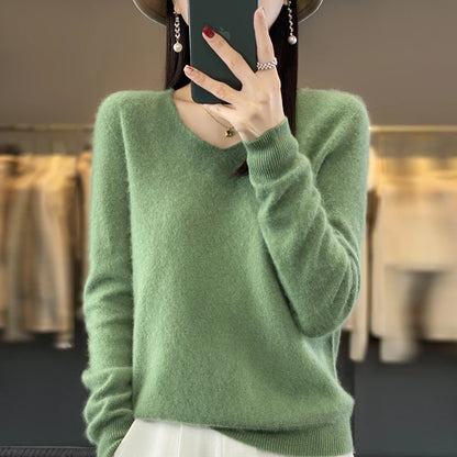 Suéter básico de otoño-invierno 2024 para mujer, 100 % lana merino, cuello en V, tejido de punto liso, jersey de oficina para mujer, manga larga, cachemir.