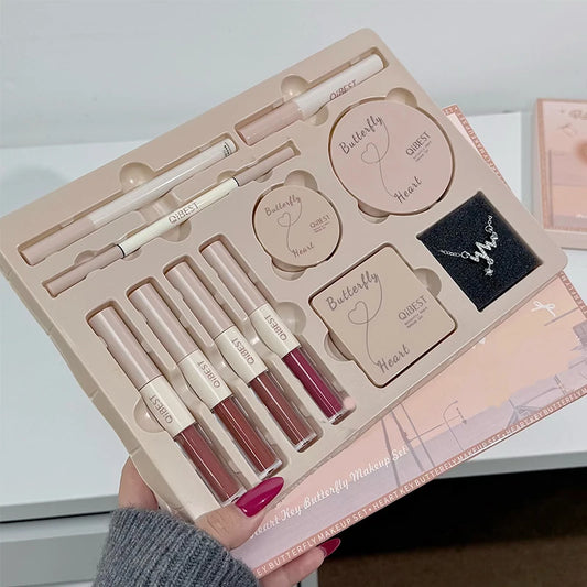 QIBEST Multipurpose Makeup Set 4pc Double Head Lip Glaze, Face Pressed Powder,Blusher,Eyeshadow, Eyebrow Pencil,Eyeliner,Lip Oil