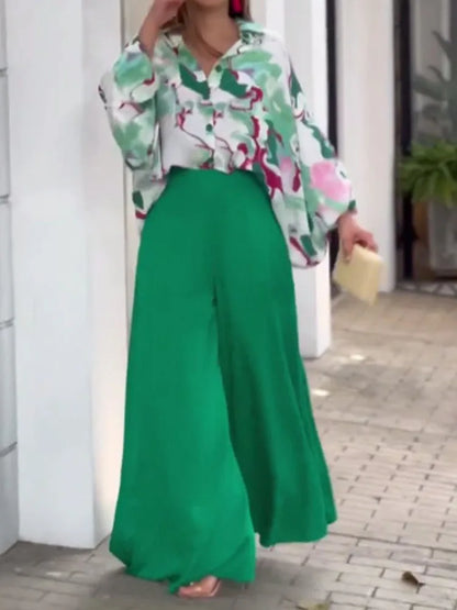 Autumn Casual Women Loose Vintage Boho Print Shirt + Commuter Wide Leg Pants Suits Two Piece Set Lady Fashion New 2023 Outfits