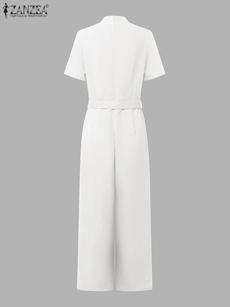 ZANZEA Street Fashion High Waist Jumpsuits Women Workwear Belt Rompers Solid Deep V Neck Elegant Office Lady Long Overalls