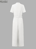 ZANZEA Street Fashion High Waist Jumpsuits Women Workwear Belt Rompers Solid Deep V Neck Elegant Office Lady Long Overalls