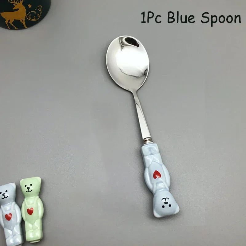 New Cute Bear Spoon Fork Ceramic Dessert Milk Fruit Salad Spoons Cartoon Flatware Kid Cutlery Tableware School Picnic Dinnerware