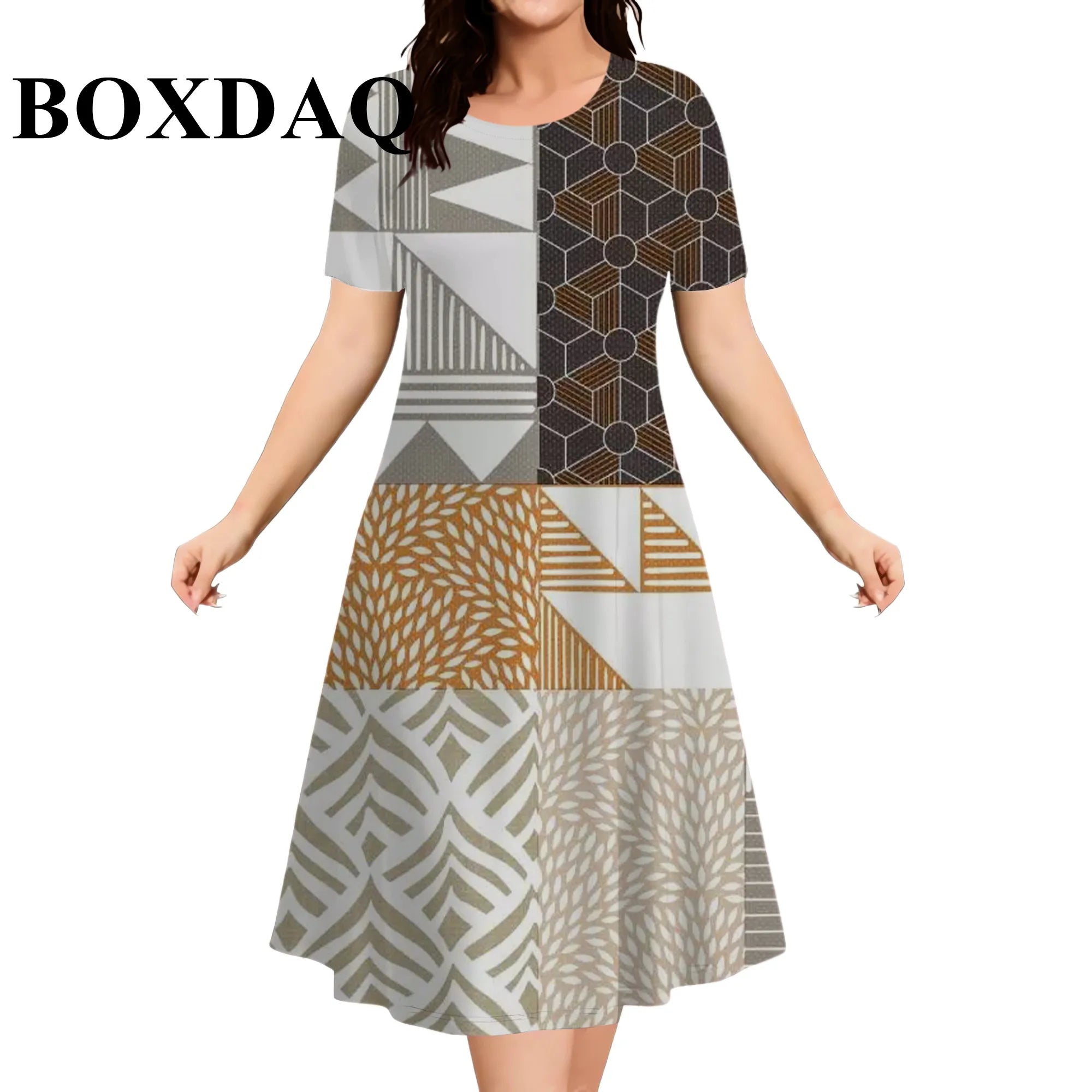 2026 Summer New Design Women's Dresses Casual Ethnic Style Pattern Geometric Splicing 3D Print Dress Short Sleeve Plus Size 9XL