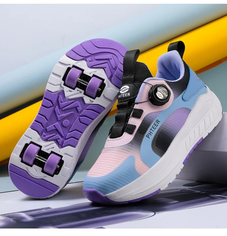Kids Two Wheels Roller Skating Shoes With Light Magic Stick Walking Shoes Detachable Wheels Roller Skate Shoes For Teenagers