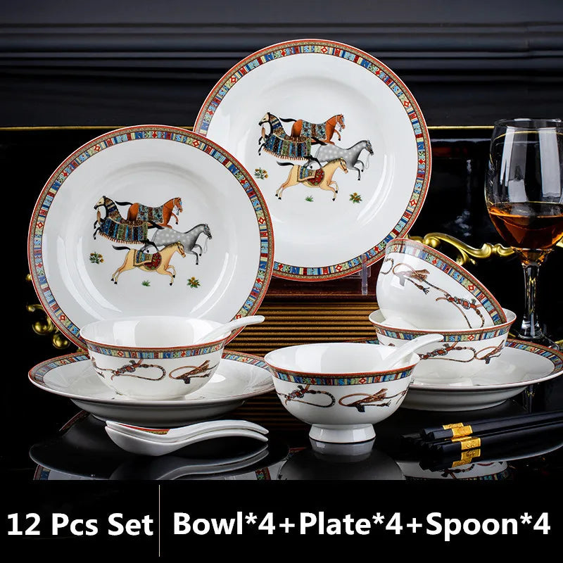 Bone China Tableware Set,Ceramic Luxury Kitchen Dinnerware,Porcelain Bowl,Plate,Spoon Combination,Wedding Gift,Horse Finished