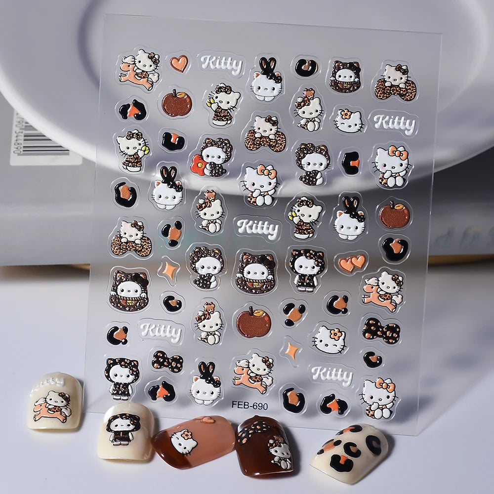 Sanrio Anime 5D Nail Stickers Hello Kitty Kurome Cartoon Stickers Nail Decoration Cute Melody Nail Art Decals Nail Art Supplies