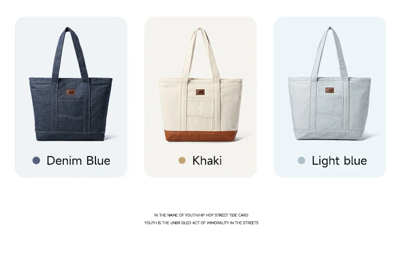 LEE Unisex Utility Canvas Leather Zipper Tote Bag Casual Denim Daily Shopping Handbag Women Men Durable Student School Book Bag