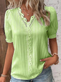 Plus Size Women's Shirt Blouse Yellow-green Violets White Plain Lace Short Sleeve Casual Basic V Neck Regular Pullover White Blo