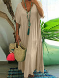 Plus Size 2025 Summer New V-neck Short Sleeve Pleated Solid Colour Loose Casual Midi Dress Basic Hem Pleated