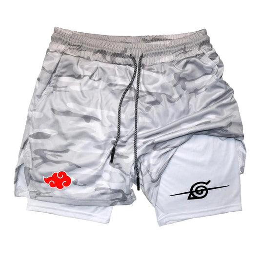 Men's Anime Double Layer Shorts Gym Workout Printed Sports Multi-Performance Training Quick-Drying Jogging Pants Towel Pants M-3XL