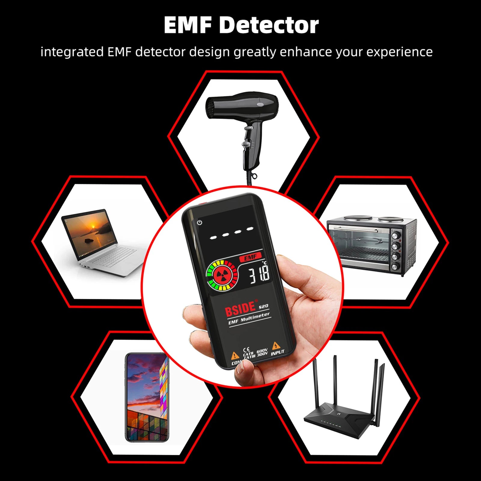 Multímetro EMF inteligente BSIDE S20/A10/A1, 9999 cuentas, recargable, monitor de radiación, voltímetro CA/CC, ohmímetro, prueba