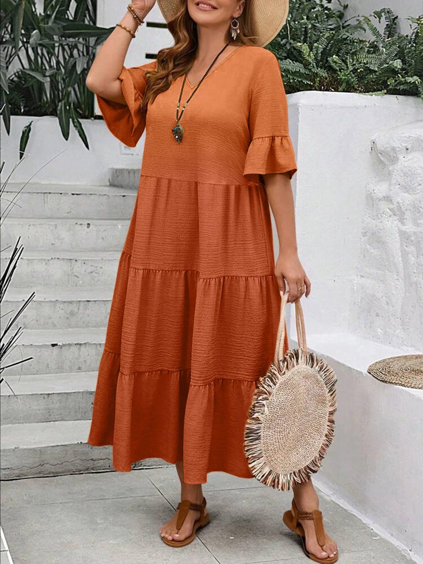 Multi Color v-Neck longo Swing Dress, Plus Size, Multi Color, Plus Size, Amazon, Europa e América, Novo, Primavera e Verão, 2022