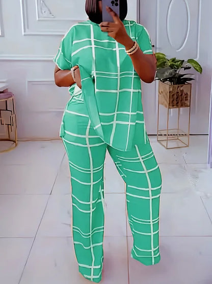 Conjunto feminino de 2 peças em grade listrada, casual, gola redonda, grande, confortável, novo, elementos de moda, primavera, outono