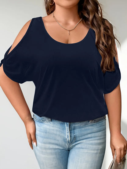 Camiseta feminina plus size com ombro frio, casual, solta, verão, com recortes da moda