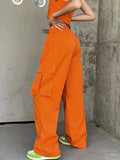 Pantalones Cargo de cintura baja naranja para mujer, pantalones vaqueros Harajuku Vintage de talle bajo, holgados, Joggers de Hip Hop, pantalones de chándal Punk de pierna ancha