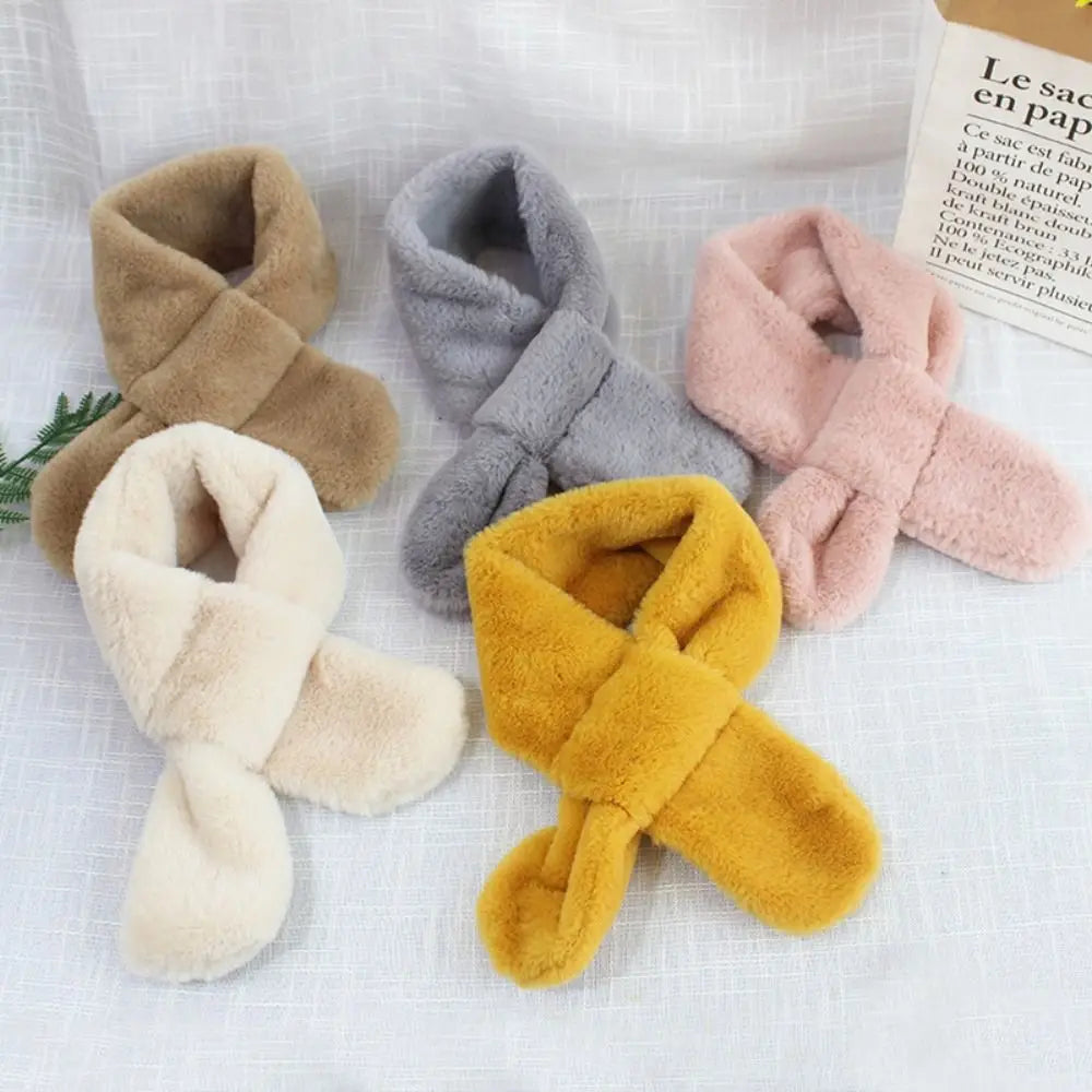 Children Boys Girls Winter Warm Thicken Cross Collar Scarf Solid Color Faux Rabbit Fur Plush Cute Shawl Scarfs