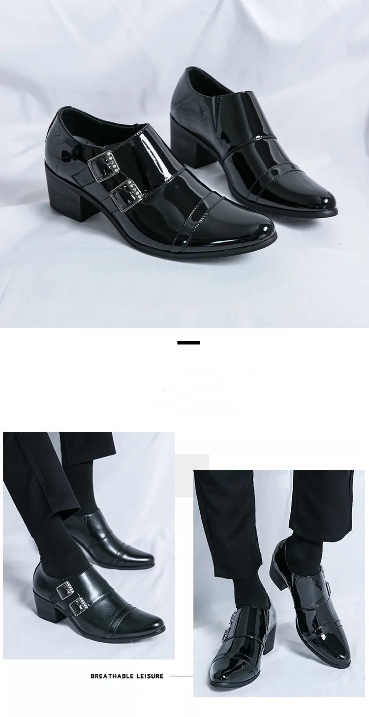 Fashion Buckle Leather Shoes For Men Big Size 46 Pointed Dress Shoes Man Quality Business High Heels Shoes Man chaussure hommes