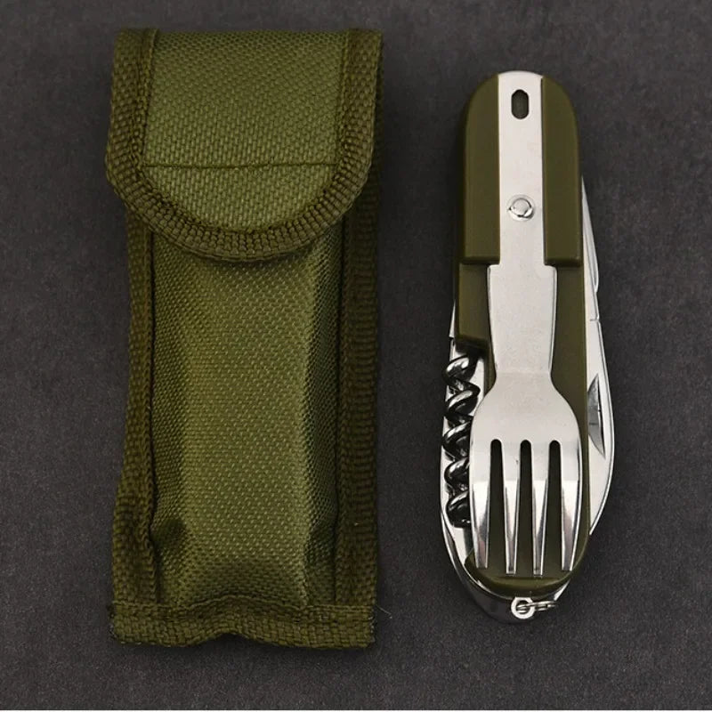 Vajilla multifuncional 7 en 1 para exteriores, herramientas de supervivencia, tenedor plegable de acero inoxidable, cuchara, cuchillo, vajilla para Picnic y acampada