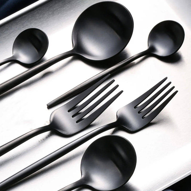 30pcs Black Dinnerware Set Stainless Steel Steak Knife Fork Coffee Spoon Teaspoon Flatware Dishwasher Safe Kitchen Tableware Set