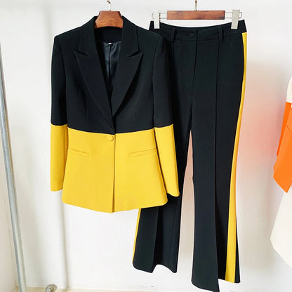 HIGH QUALITY Newest 2025 Star Style Fashion Designer Runway Suit Set Women's Single Button Color Block Blazer Flare Pants Suit