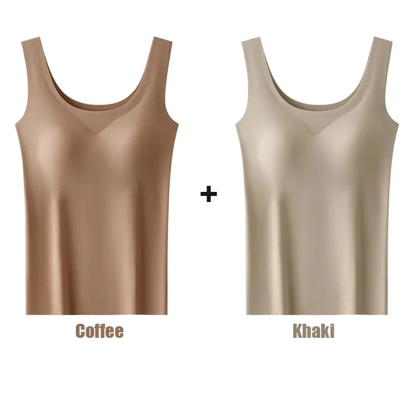 2 piezas/lote de camiseta sin mangas de seda sin costuras con almohadilla fija en el pecho para mujer, camisola sin mangas, ropa interior exterior, camisola de verano de alta elasticidad