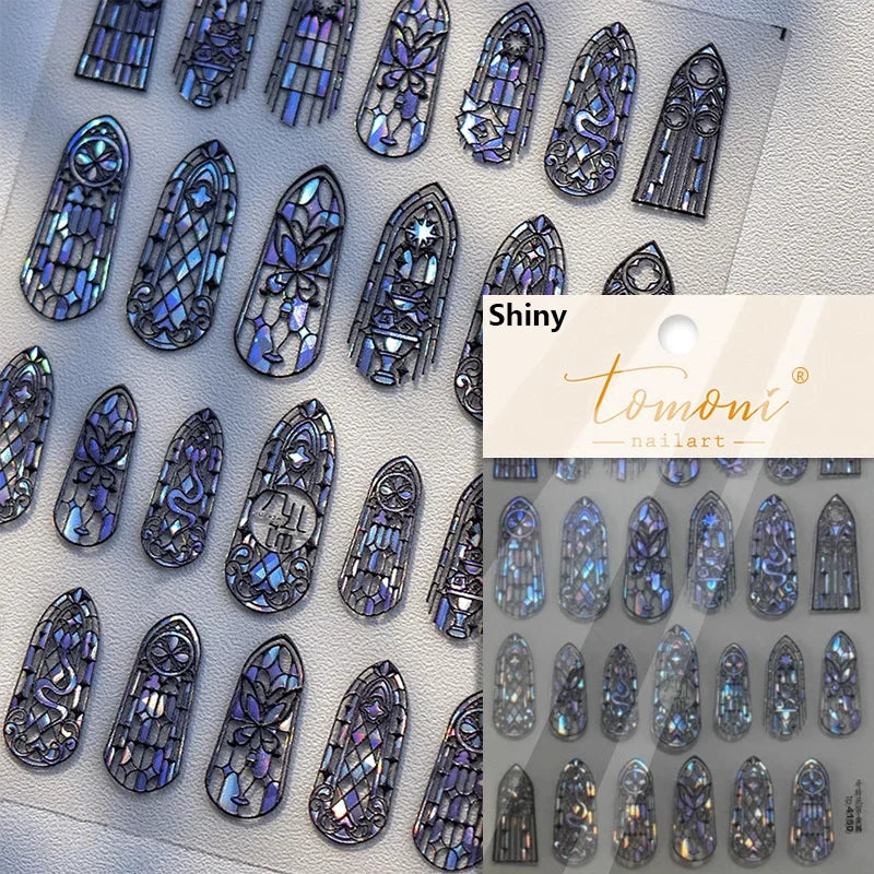 Flash Dreamy Chinese Flower Window Butterfly Glazed Rococo Geometric Frame Stamp Embossed Relief Nail Art Sticker Manicure Decal