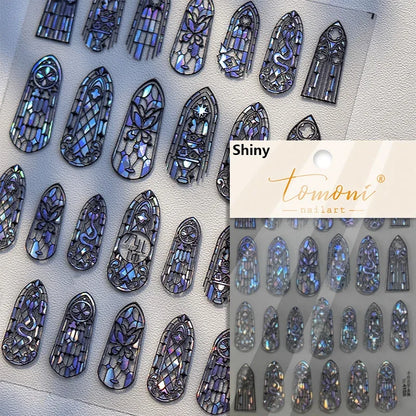 Flash Dreamy Chinese Flower Window Butterfly Glazed Rococo Geometric Frame Stamp Embossed Relief Nail Art Sticker Manicure Decal