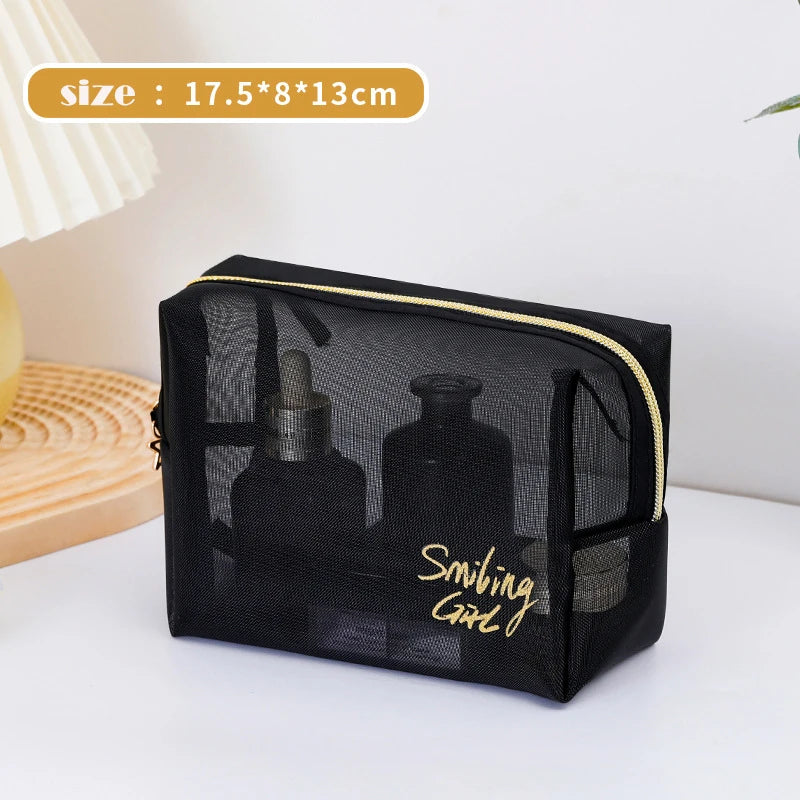 1pc Black Mesh Women'S Cosmetic Bag Transparent Travel Comsetics Brushes Organizer Beauty Case Small Large Toiletry Makeup Bag