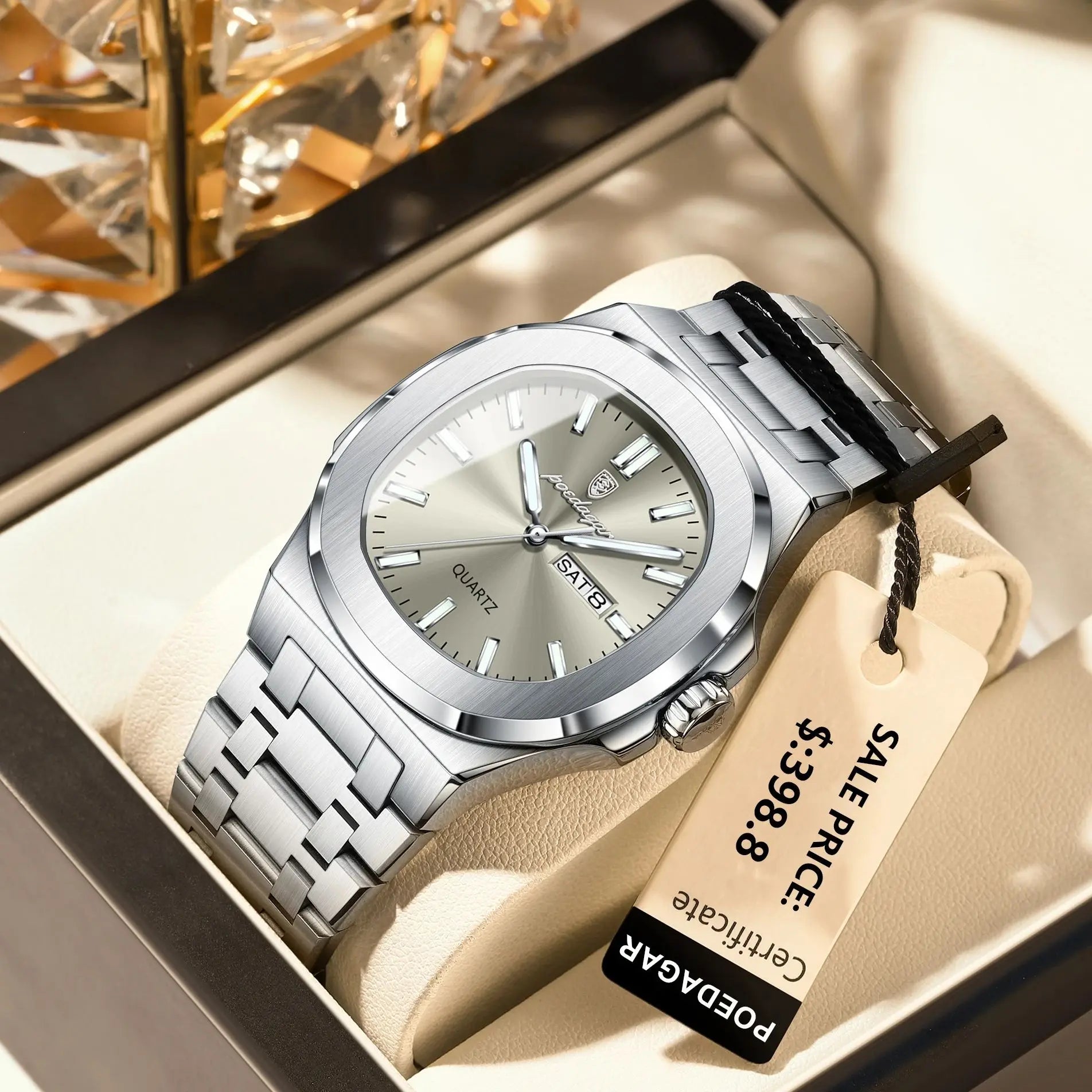 POEDAGAR Luxury Military Men's Watch Square Waterproof Luminous Date Week Men Watch Stainless Steel Quartz Men's Watches Reloj+box