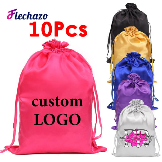 Saco de peruca de cetim logotipo privado 10 pçs sacos de embalagem de peruca para extensões de cabelo de negócios saco com logotipo cordão peruca sacos atacado