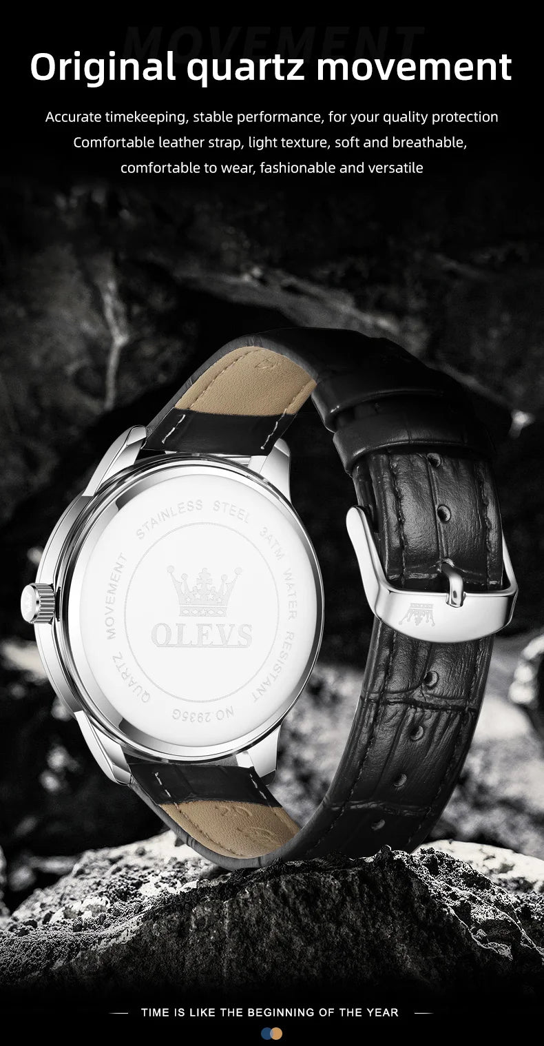 Reloj de vestir de cuarzo OLEVS 2935 con calendario dual para hombre, sencillo y original, de cuero, resistente al agua, luminoso, para negocios.