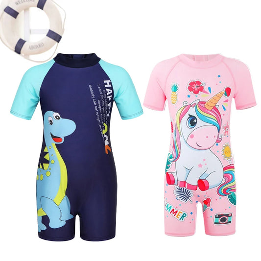 Traje de baño de una pieza para bebé niño, traje de baño de manga corta para niños pequeños, niñas, unicornio de dibujos animados, traje de baño infantil coreano para niños.
