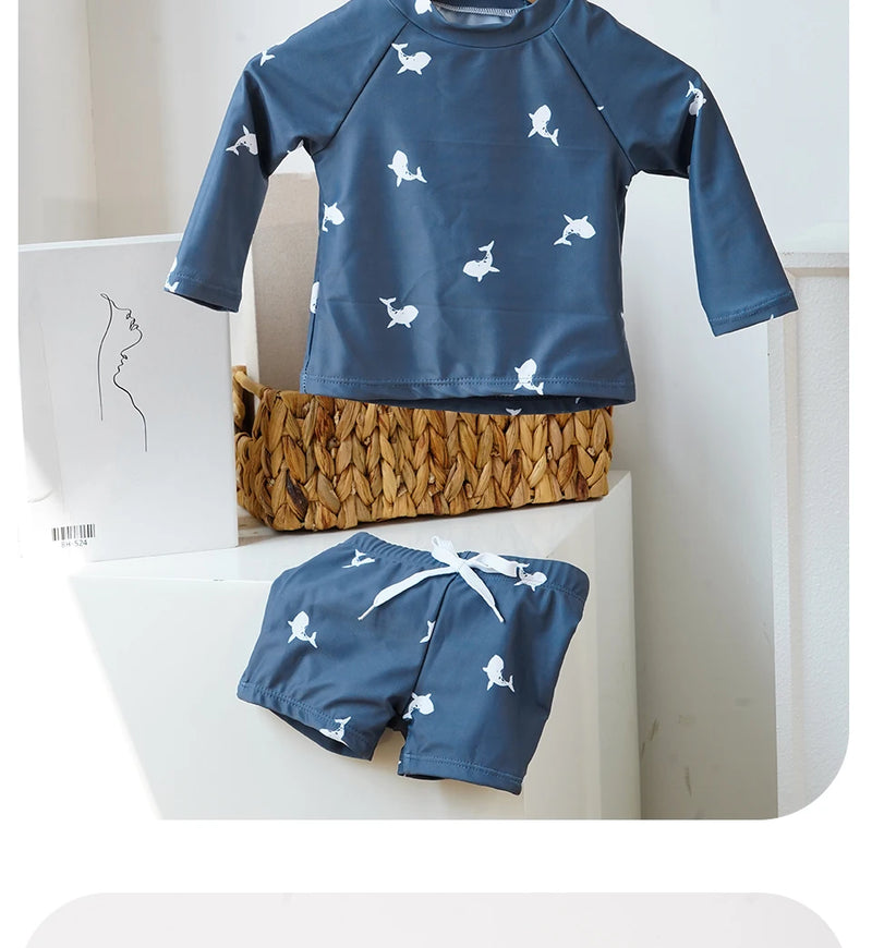 Summer Baby-Boys Toddler Long Sleeved Rashguard Swim Bathing Suit Set Long Sleeve Round Collar Sunscreen Swimsuit