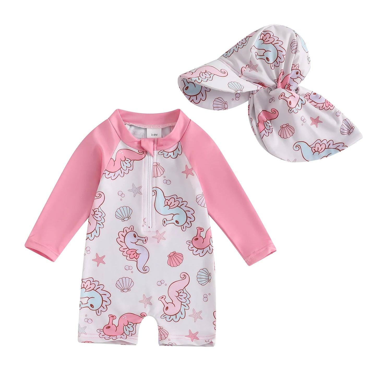 Trajes de baño de verano para niñas y niños pequeños, de manga larga, con estampado floral/tropical, con cremallera y sombrero.