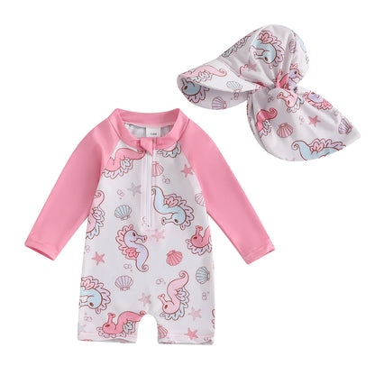 Trajes de baño de verano para niñas y niños pequeños, de manga larga, con estampado floral/tropical, con cremallera y sombrero.