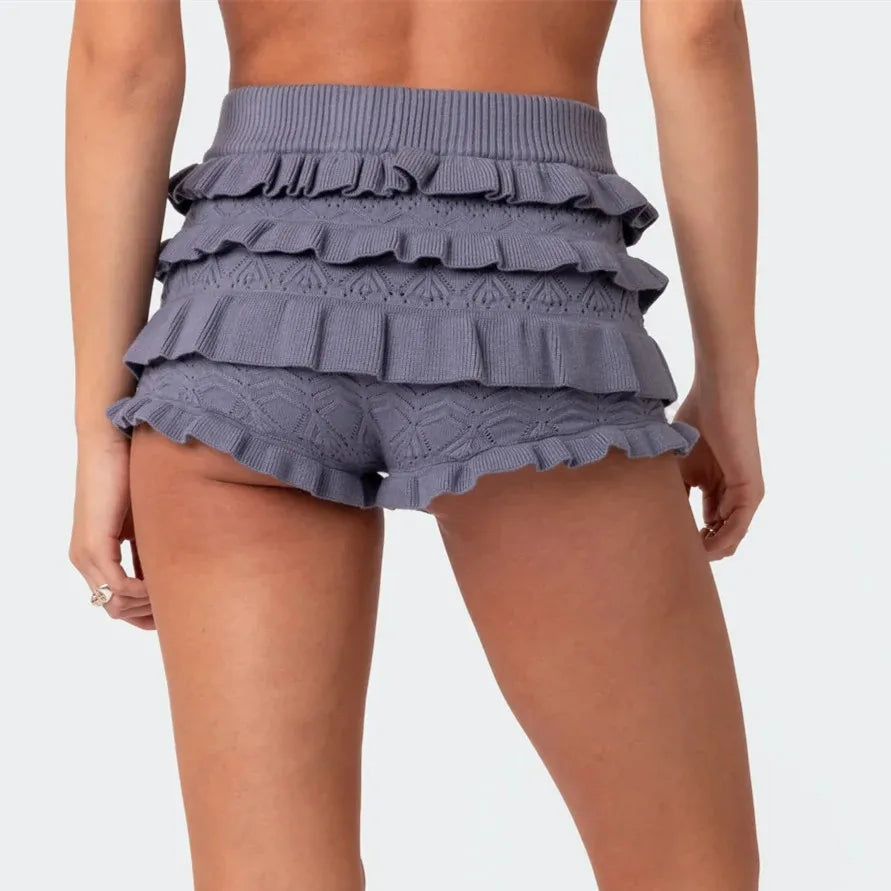 Imcute Women Hollow Out Crochet Knit Shorts Ruffled Layered Pleated Tiered Summer Fall Beach Music Festival Shorts