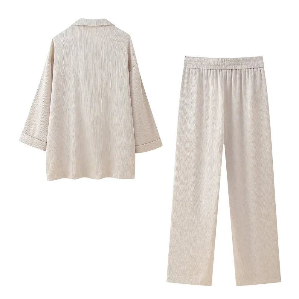 Conjunto de chaqueta y pantalón de traje cruzado con efecto arrugado para mujer, primavera y verano 2024, estilo europeo y americano