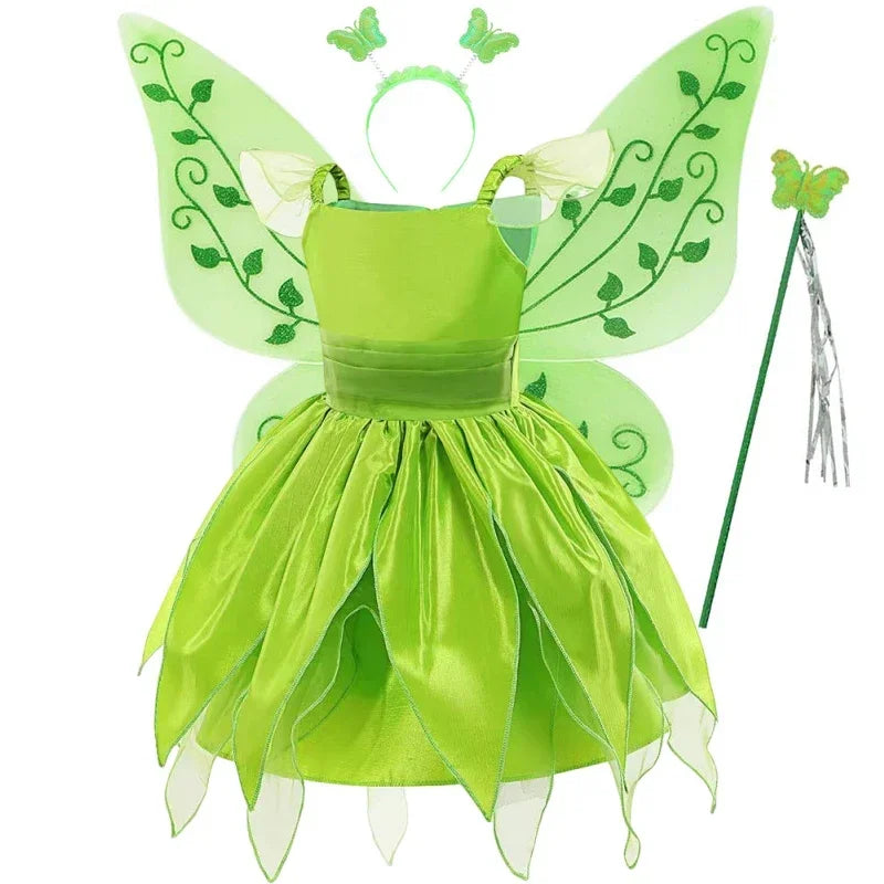 Girls Disney Party Dresses Fairy Tiana Costume for Girl Tinkerbell Children Clothing Princess Elf Birthday Ball Gown Wing Dresse