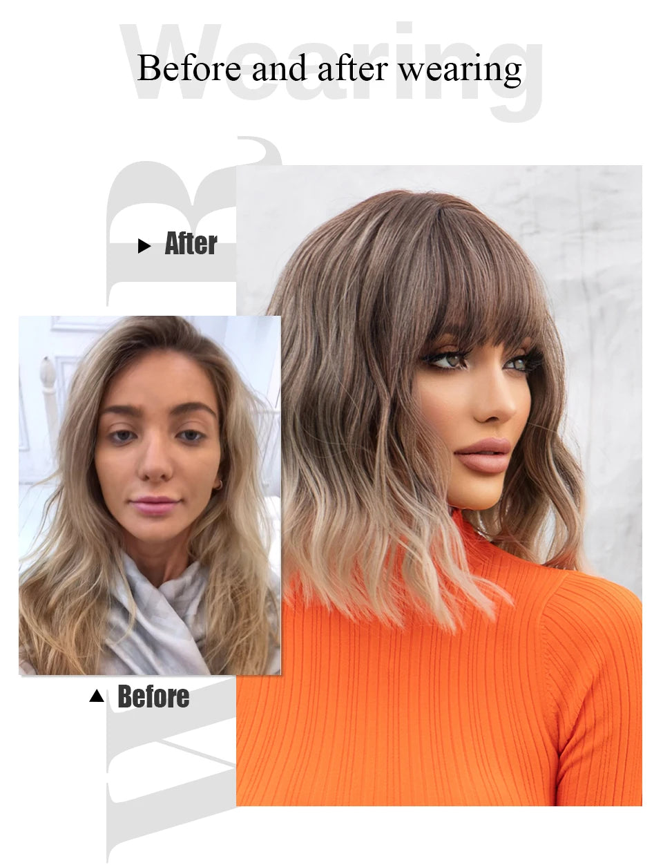 Women Grey Wavy Bob Wigs with Bangs Short Blonde Ombre Synthetic Wig with Dark Roots Natural Hair for Daily Use